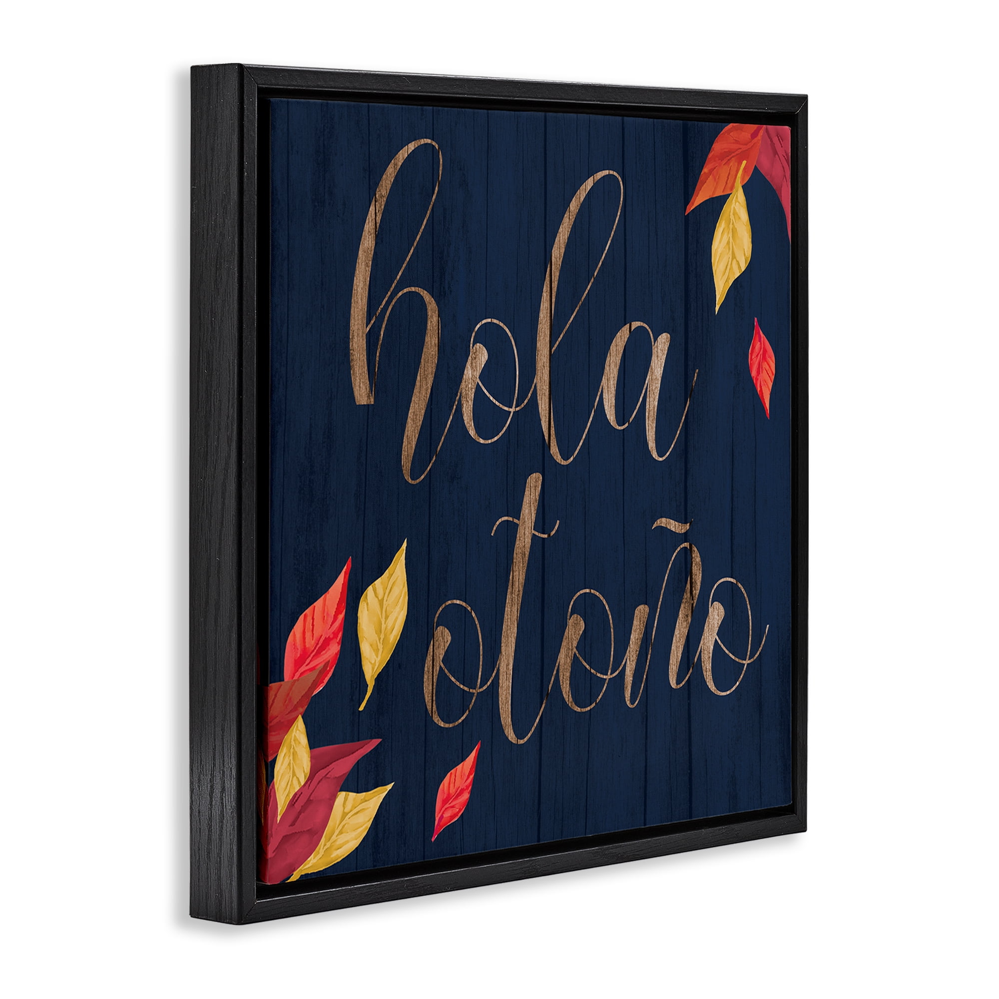 Stupell Industries Hola Otoño con Hojas Holiday Painting Black Floater Framed Art Print Wall Art, 25 x 25