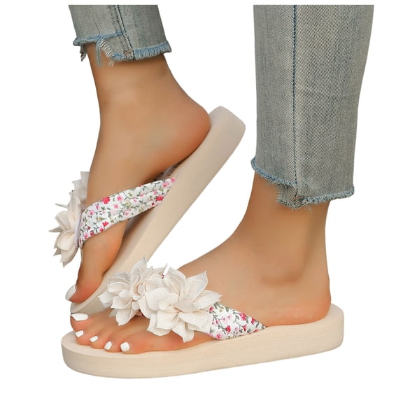 Rokment Flower Flip Flops for Women 2026 Boho Beach Summer Fashion Casual Thongs Slip on Flat Sandals Travel Memory Foam Slides Slippers Vacation Beige Size 6.5
