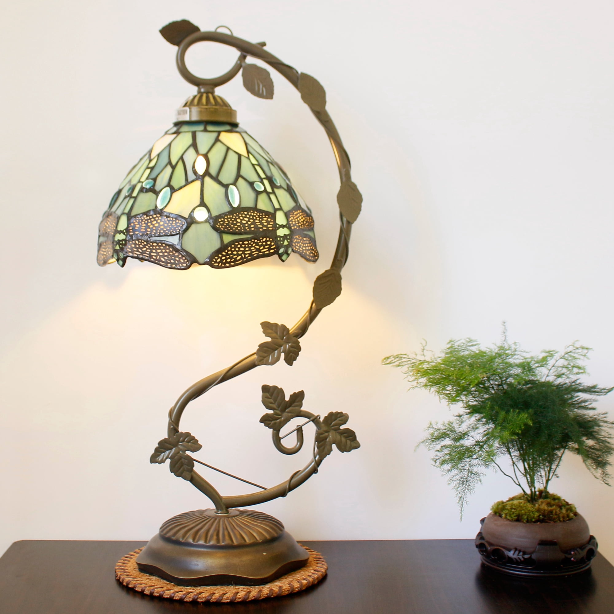 Tiffany Lamp - Bedside Lamp with Stained Glass Shade, Sea Blue Dragonfly Table Lamp with Antique Metal Leaf Thin Base for Small Space of Living Room, Bedroom, Banker Desk Light