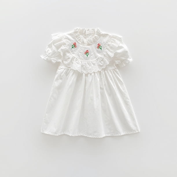 Vestido de niña con bordado de rosas vintage, falda de algodón de manga corta con encaje de verano para niña