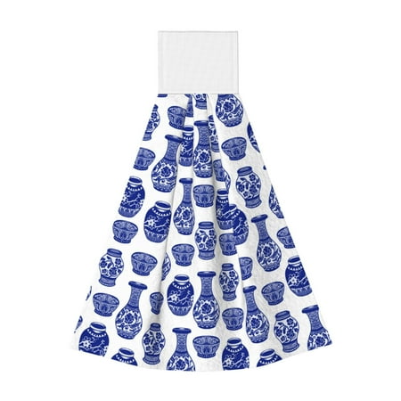 

Qekee Blue Vases Print Hanging Kitchen Towels Coral Velvet Wipe Hand Towel Absorbent Hand Towels Microfiber Tie Towel for Bathroom Kitchen Decor