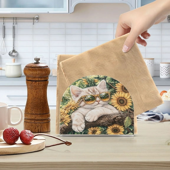 Qxltty Sunflower Cute Kitten Acrylic Napkin Holder Set of 1 Transparent Dining Table Kitchen Cafeteria Home Decor 4.1x4.9x1.97in