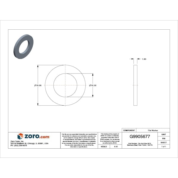 Flat Washer, For Screw Size M10 ,Stainless Steel Plain Finish, 100 PK