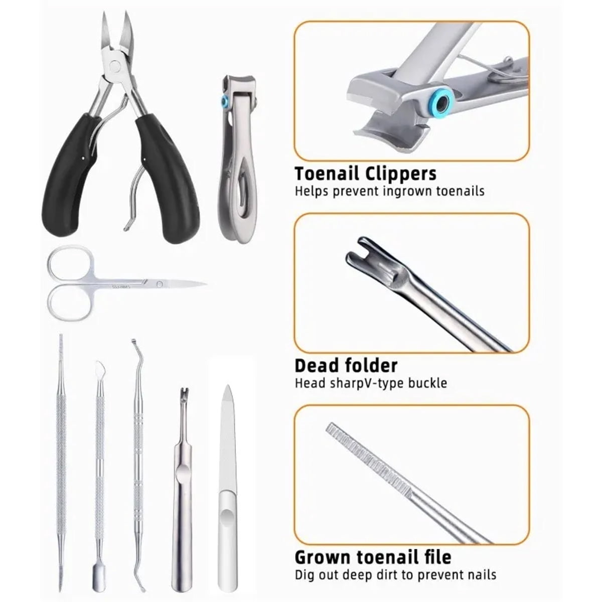 TNSAWRRYOE 9Piece Stainless Steel Ingrown Toenail & Pedicure Tool Set, Home Use Nail Care Kit with Eagle Beak Pliers, Precision Clippers & Foot Care Tools