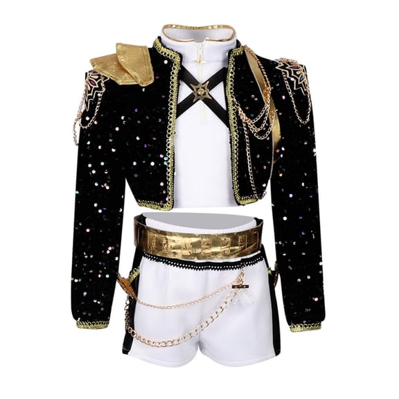Popular Singer Group Cosplay Costume, Pop Star Printed Black Outfit with 2 Waist Accessories, Halloween Costumes Outfit, for Halloween Cosplay Party
