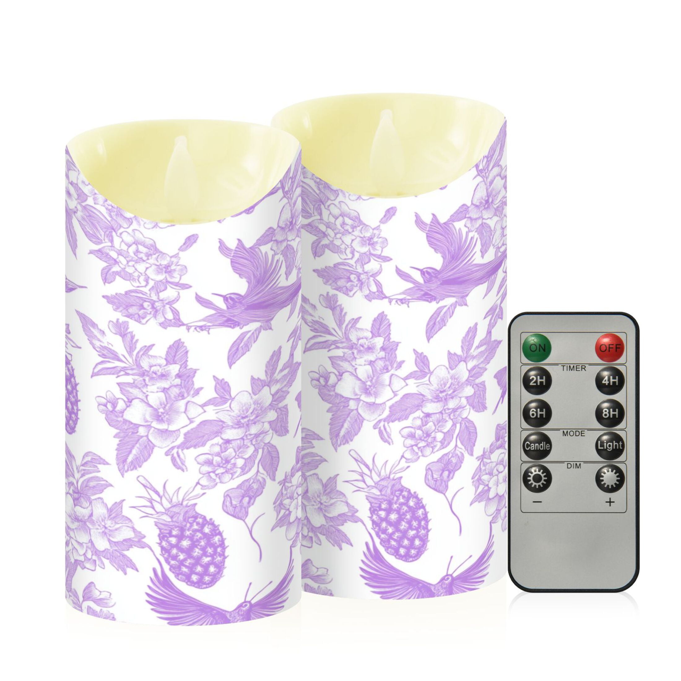 2 PCS Tilted Flameless Candles Flickering LED Lights Battery Operated Candles with Remote Timers for Holiday Decor Lilac Floral Motifs