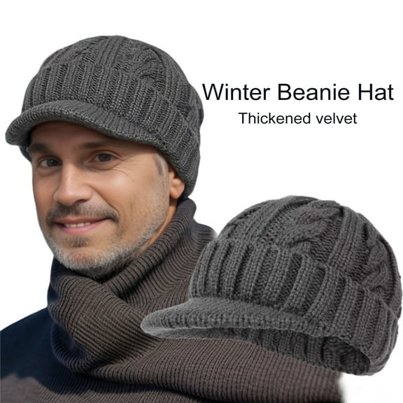 sunsanly Mid-aged Men Winter Knitted Hat Stretchy Short Brim Thickened Twisted Texture Solid Color Ear Protection Warm Daily Wear Cap Outdoor Headwear