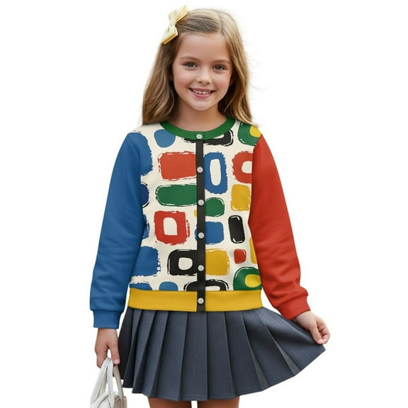 COEQINE Girls Long Sleeve Cardigan with Print, Lightweight Polyester Crewneck Button Front Jacket, Soft Machine Washable Top for School and Casual Wear, Ages 5-6, Colorful Color Block