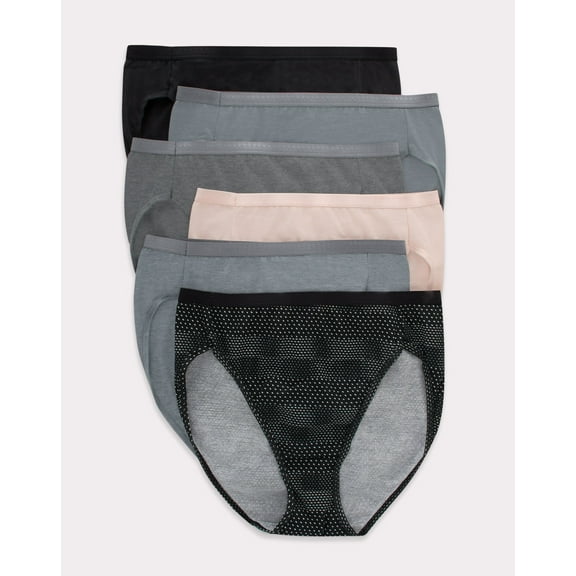 Hanes Ultimate Women's Breathable Hi-Cut Underwear, 6-Pack Black/Concrete Heather/Light Buff/Moonlit Sky/Grey Heather/Static Dots 9