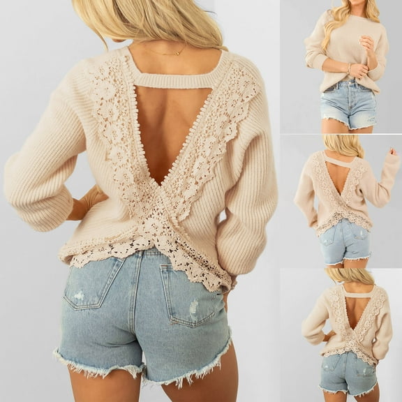 Weiqiqre Women Sweaters Lace Bow Back Long Sleeve V Neck Pullover Casual Jumper Tops