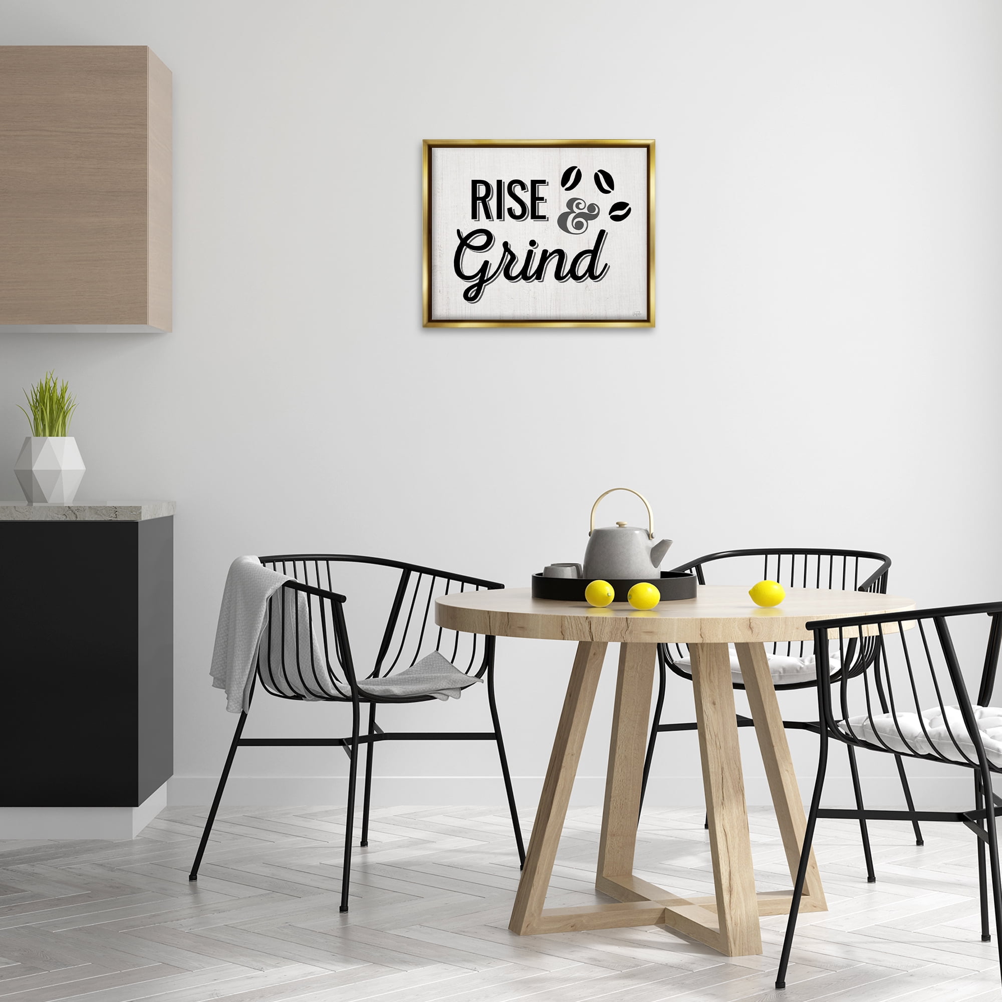 Stupell Industries Rise & Grind Coffee Beans Food & Beverage Painting Gold Floater Framed Canvas Art Print Wall Art, 21 x 17