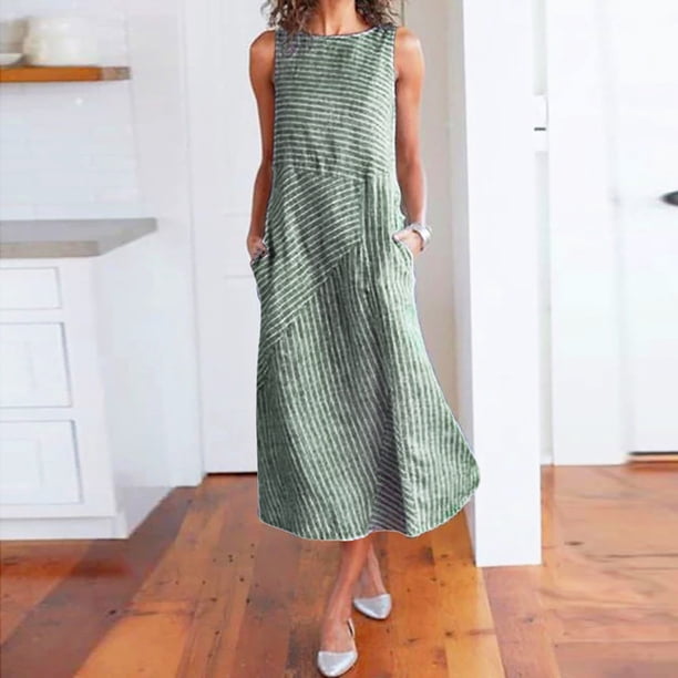 WILLBEST Vestidos Casuales para Mujer Fiesta Vestido de Moda para Mujer con Estampado de Rayas y Bolsillos con Cremallera Vestido Ajustado sin Mangas con Cuello Redondo Chica