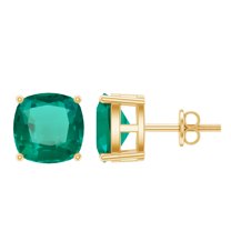 Rosec Jewels 2.75 CT Cushion Cut Lab Created Emerald Stud Earrings for Women, Lab Created Emerald Solitaire Earrings, 10K Yellow Gold