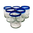 thumbnail image 5 of Set of 6 Hand-Blown Tumbler (10 oz) Glasses from Mexico with Cobalt Blue Rim - Rustic & Handcrafted Recycled Bubble Glass Drinking Glassware, 5 of 7