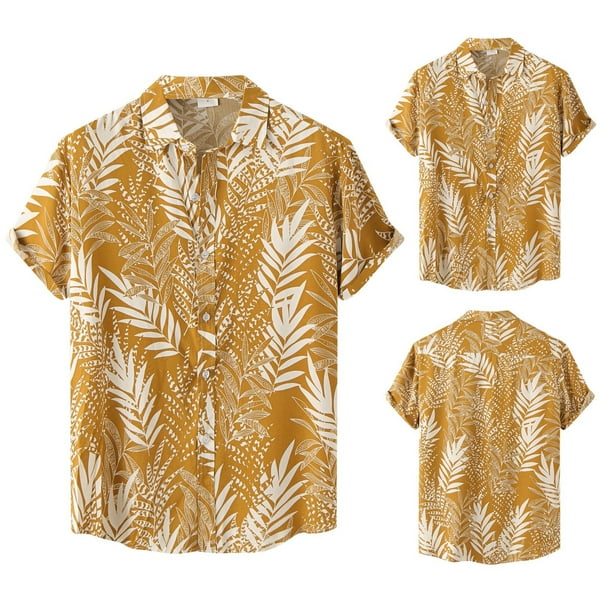 Camisas Manga Larga Hombre Camisa de Fashion Casual Top de gran tamaño solapa de manga corta Button Fashion Camisa impresa Camisa suave Casual (Yellow, XXL)