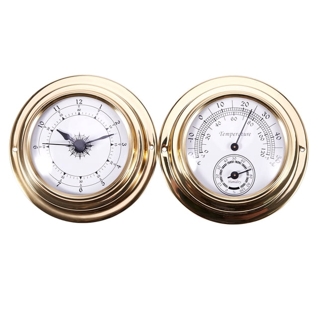 Thermometer Hygrometer Barometer Watches Clock 2 Whole Set Weather Station Meter,1 * clock(without battery) 1 * temperature meter,Gold