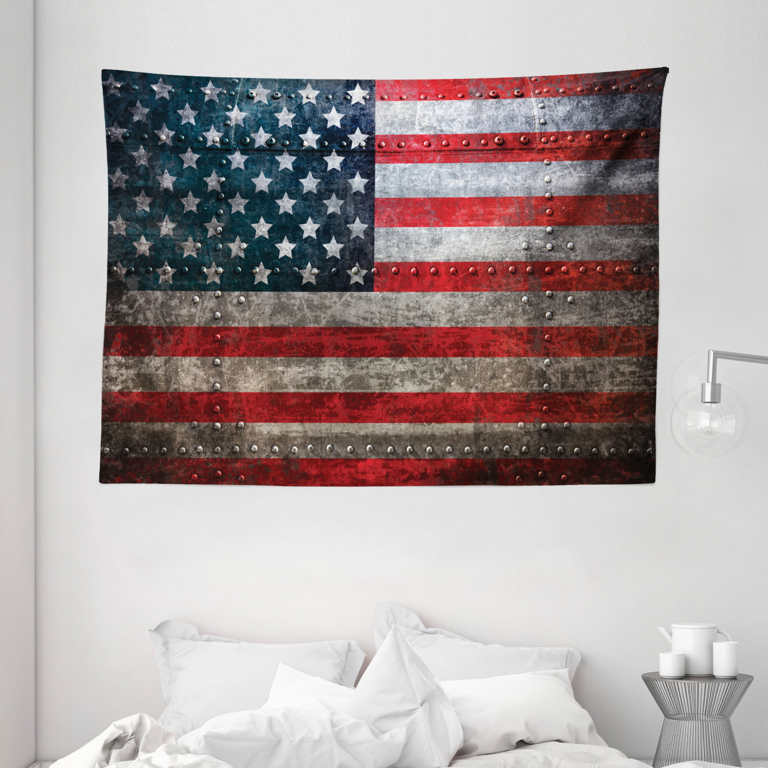 A Washable American Flag Tapestry with Led Light Vintage July 4th Wall Tapestry Retro USA Flag Tapestries Wall Hanging for Independence Day Home Backdrop Study Dorm Decor 