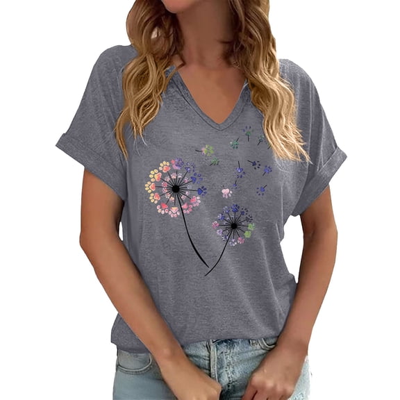 WEIWEN Womens T-Shirts V Neck Short Sleeve Dandelion Printed Loose Fitted Summer Tees Casual Tshirts Shirts for Women Basic Tops (Grey, Size XXL)