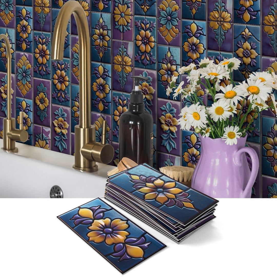 16 Pcs Foaming Board Vinyl Tiles Stickers Wall Decals 8" x 4" Purple Blue Yellow Flowers Pattern Mural Waterproof Peel and Stick Backsplash