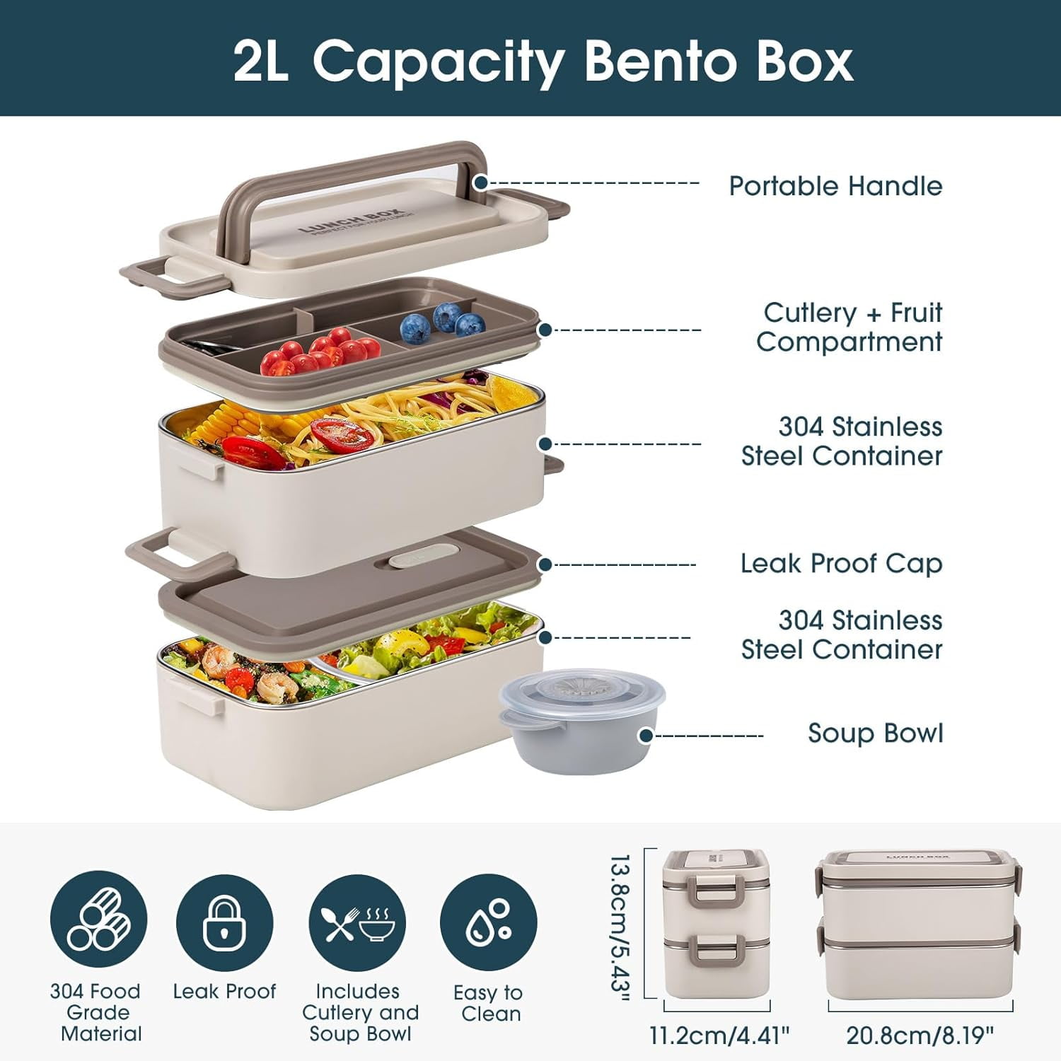 Stackable 2 Layer 304 Stainless Steel Bento Box Lunch Container with Soup Bowl, Spoon & Fork (2 Pack)