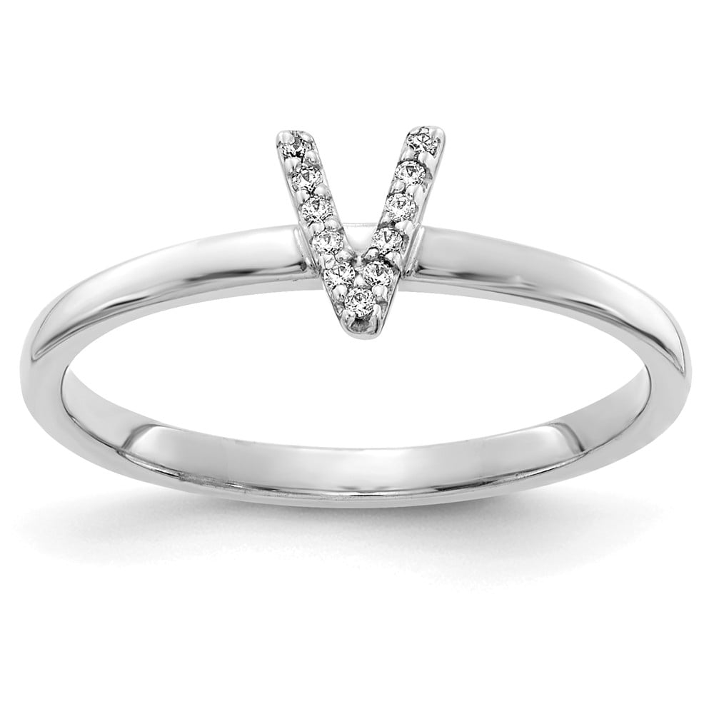 Solid 14k White Gold Diamond Initial Letter V Ring Band Size 6.5 (.044