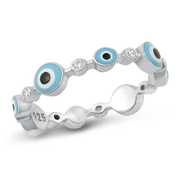 Clear CZ Simulated Mother of Pearl Evil Eye Ring .925 Sterling Silver Band White Female Size 8