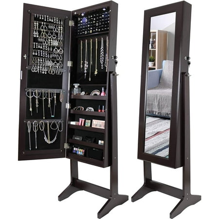 Standing Mirror Jewelry Greenco Free Standing Jewelry Organizer Armoire with Large Mirror and Led Lights, Lockable- Espresso ()