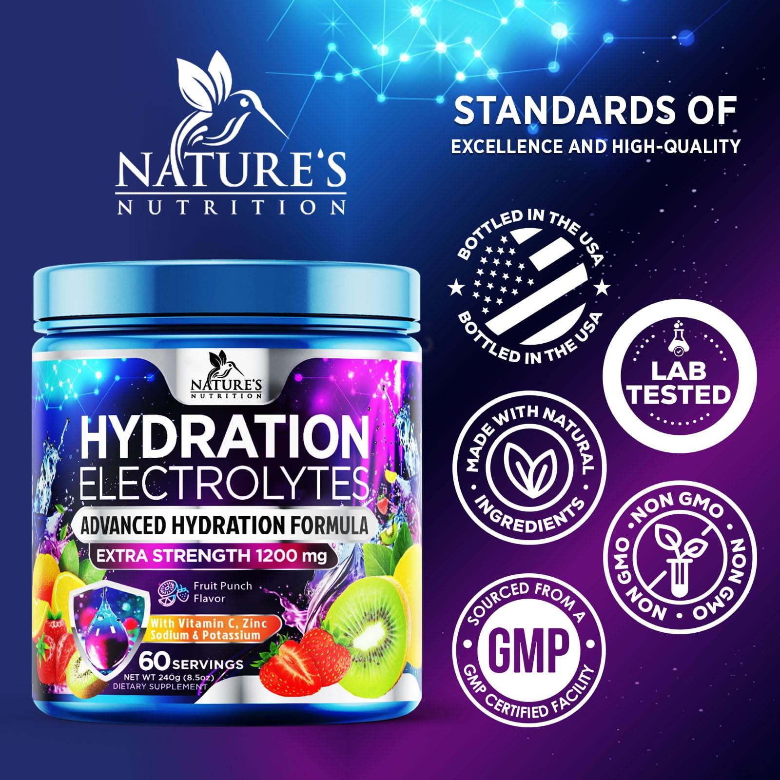 Hydration Electrolyte Powder 1200mg - Advanced Hydration Formula Daily Liquid Replenisher Drink Mix - Electrolytes Multiplier with Minerals, Potassium & Real Salt, Tasty Fruit Flavor - 60 Servings