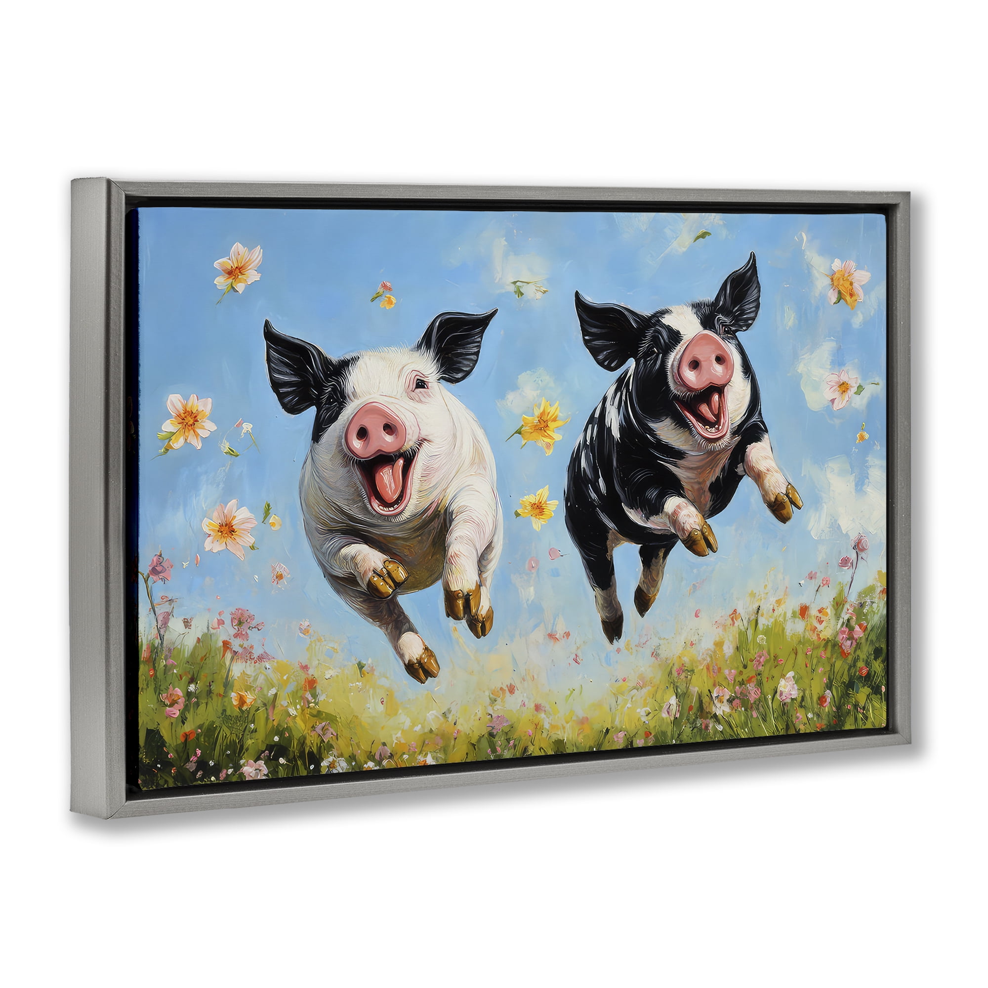Stupell Industries Flying Pigs & Flowers Gray Framed Floater Canvas Wall Art, design by The Wands Want