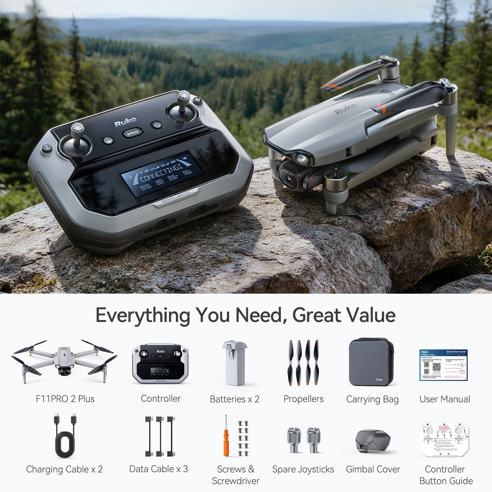 Ruko F11PRO 2 Plus Drone for Adults with 48MP 8K Camera, 3-Axis Gimbal, 74-Min Flight, 6KM Transmission