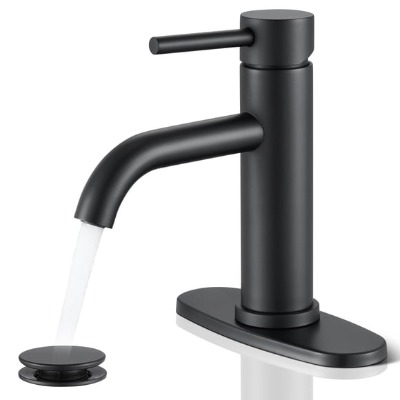 Grifo de baño WINKEAR negro de un solo orificio con desagüe desplegable