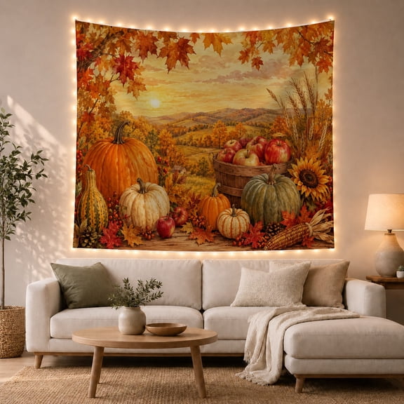Autumn Pumpkins in a Maple Forest, Cozy Rustic for Harvest Decor Lovers, Seasonal Still Life Art, Thanksgiving Hostess Gift, Tapestry Wall Hanging for Den and Living Room