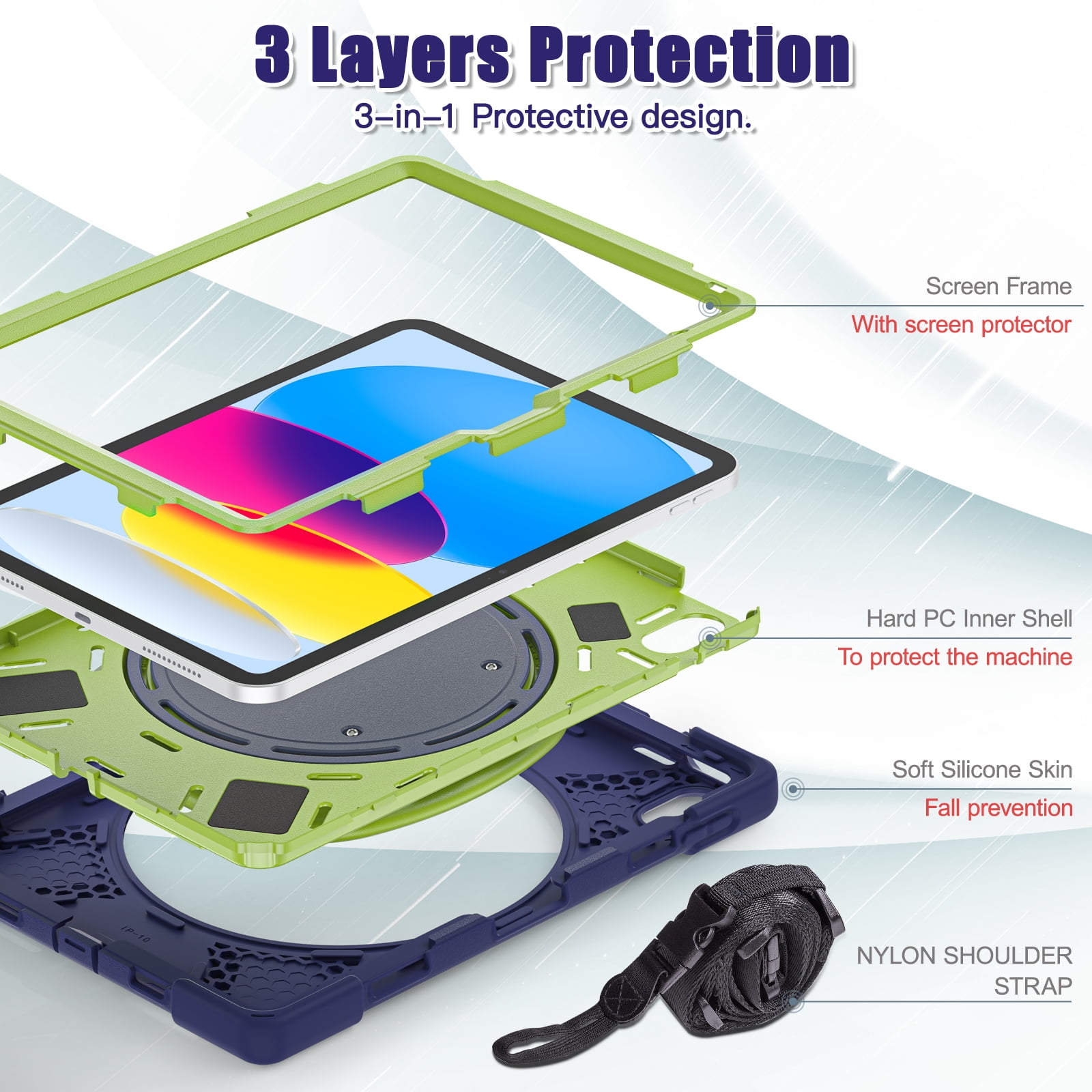 iPad 10th Generation Case 2022,iPad 10th Gen 10.9 inch Rugged Case with Screen Protector,Rotating Stand/Pencil Holder/Carrying Shoulder Strap - Navybulue+Lime
