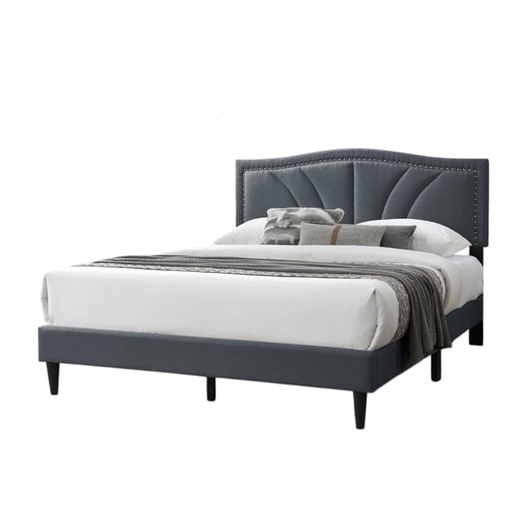 Reo Queen Size Bed, Charcoal Gray Burlap Upholstered Curved Headboard