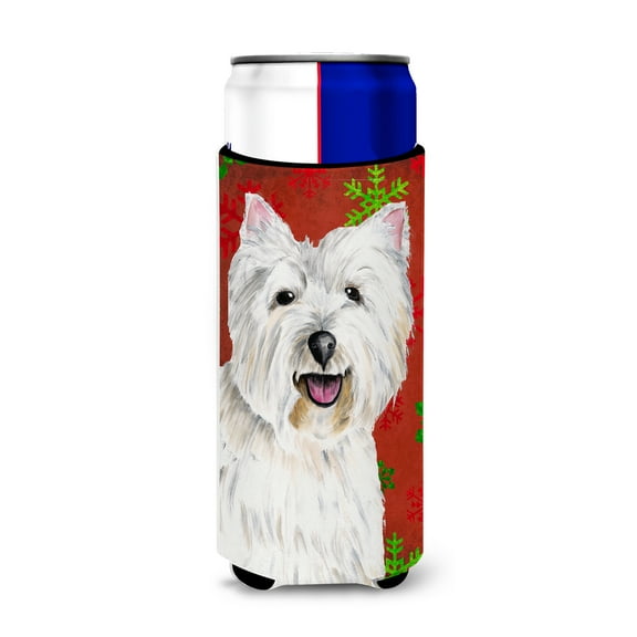 Westie Red and Green Snowflakes Holiday Christmas Ultra Hugger for slim cans