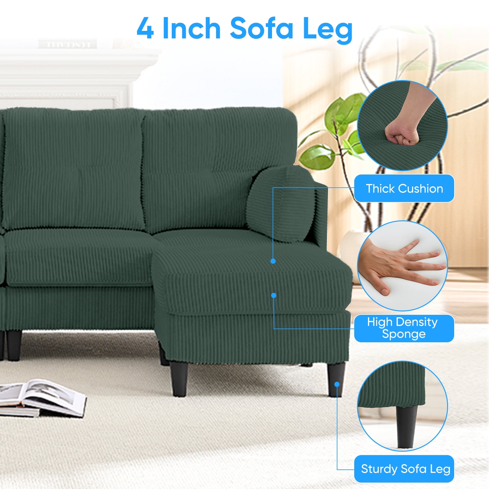 ijuicy Convertible U/L Shaped Sofa with Chaises, 6 Seater Couch for Living Room, Green