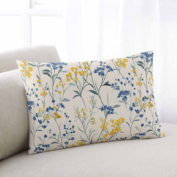Yellow Blue Flowers Small Pillow Covers,Watercolor Botanical Floral Plants Soft Breathable Throw Pillow Cases with Invisible Zipper,Decorative Pillowcase Pillows Protectors for Sofa Bed Chair 12"x20"
