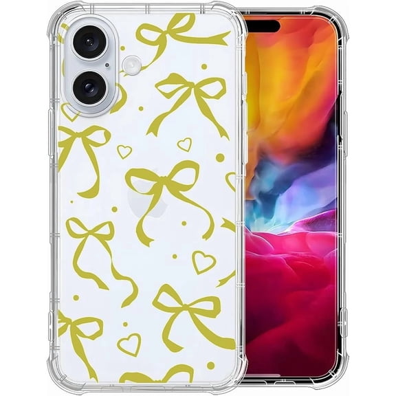 Case for iPhone 16 Design On Clear Base, Slim Protective Soft TPU Bumper, Anti-Drop Phone Cover Case for Women Girls Case for iPhone 16 - Cute Girl Bow Heart Yellow