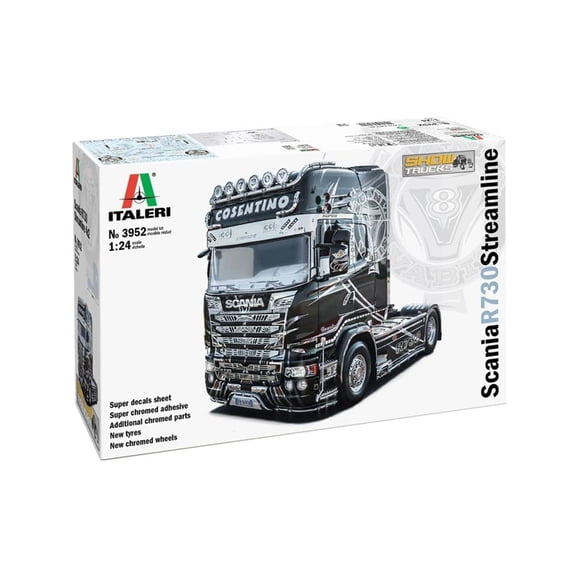 Italeri 3952S 1:24 Scania R730 Streamline Show Truck, Standing Model Making, Crafts, Hobby, Gluing, Plastic Construction Kit, Detailed, Black