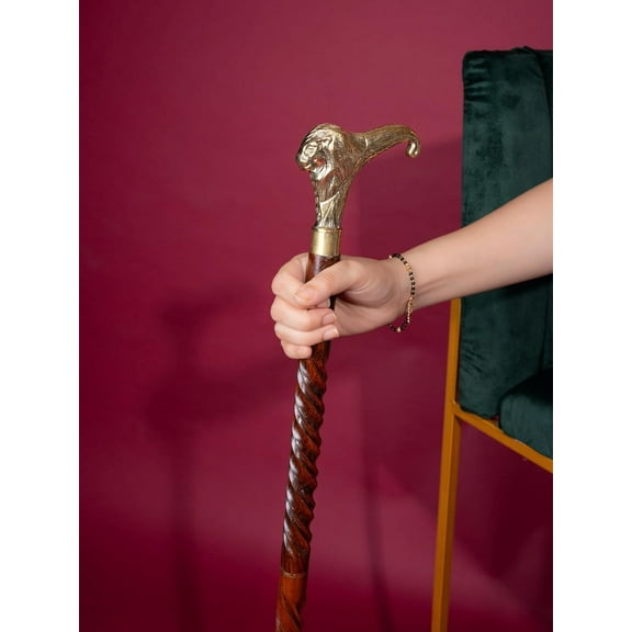 NAUTICALMARTUS Shisham Wood Crafted Solid Brass Lion Face Handle Vintage Walking Stick Shaft Craved Twisted Cane Gift