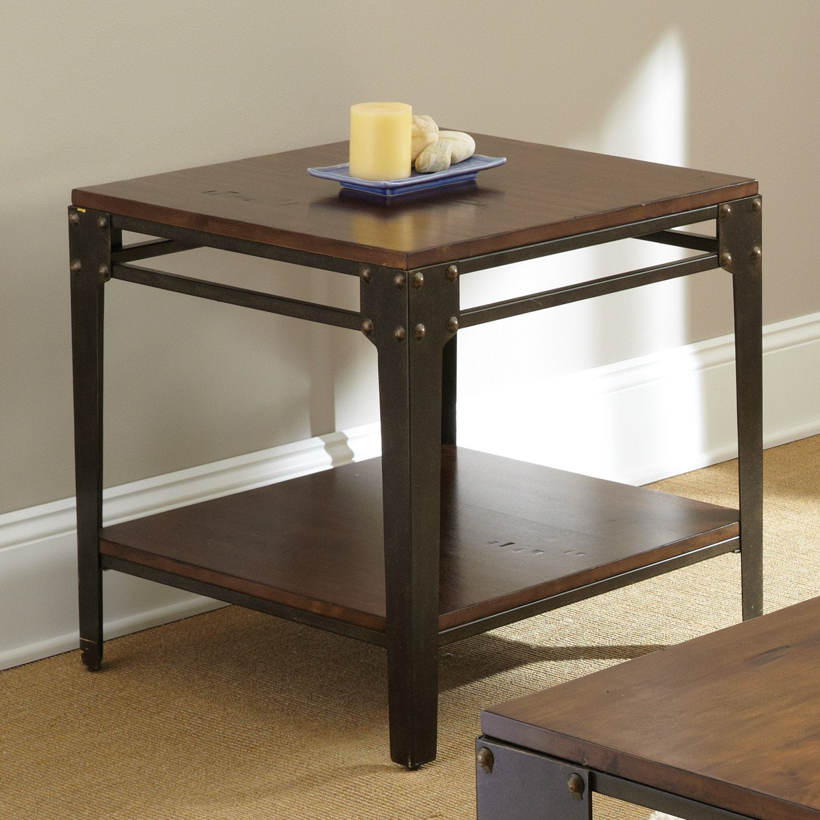 Steve Silver Barrett Square Distressed Tobacco Wood and Metal End Table