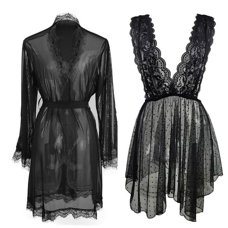 

Ounabing Women Dots Lace Set 3pcs Sexy Lace Lingerie Sleepwear With Robe Belt