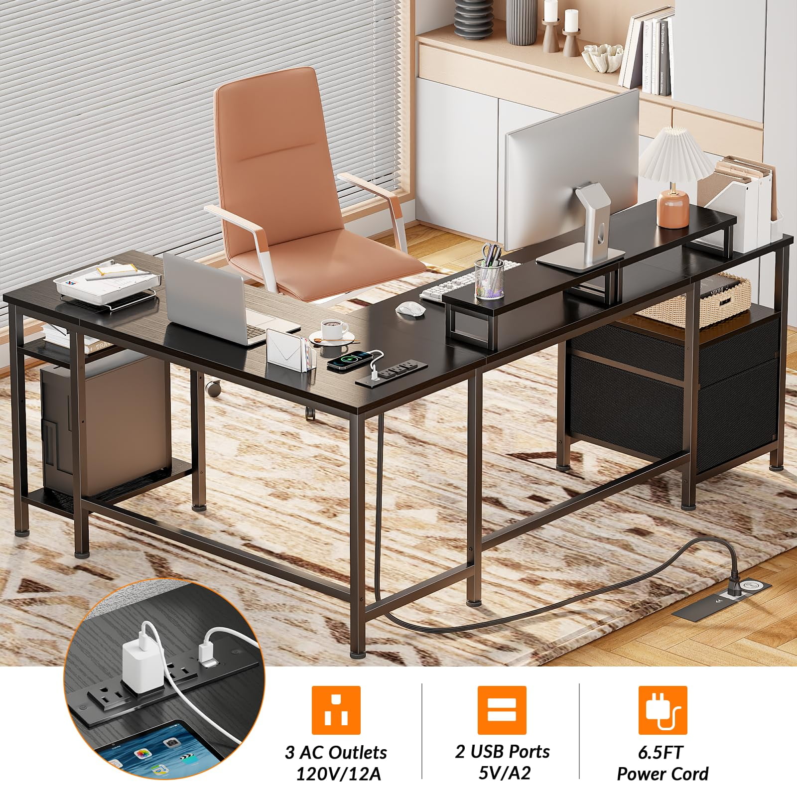 Furologee 66” L Shaped Desk with Power Outlet, Reversible Computer Gaming Desk with File Drawer & 2 Monitor Stands for Home Office with Storage Shelves, Black