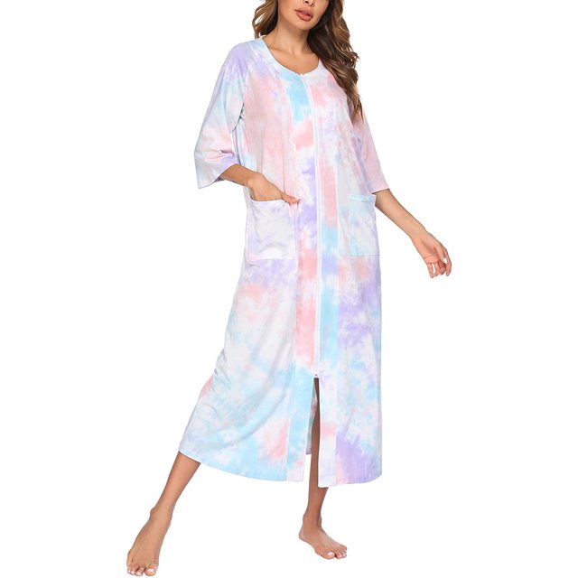 Housecoat Women's Short Sleeve Zipper Robe Long Nightgown Lougewear with Pockets S-XXL