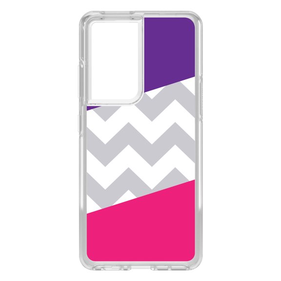 DistinctInk Clear Shockproof Hybrid Case for Galaxy S21 ULTRA 5G (6.8" Screen) - TPU Bumper, Acrylic Back, Tempered Glass Screen Protector - Purple Pink Block Grey Chevron - Chevron Stripes