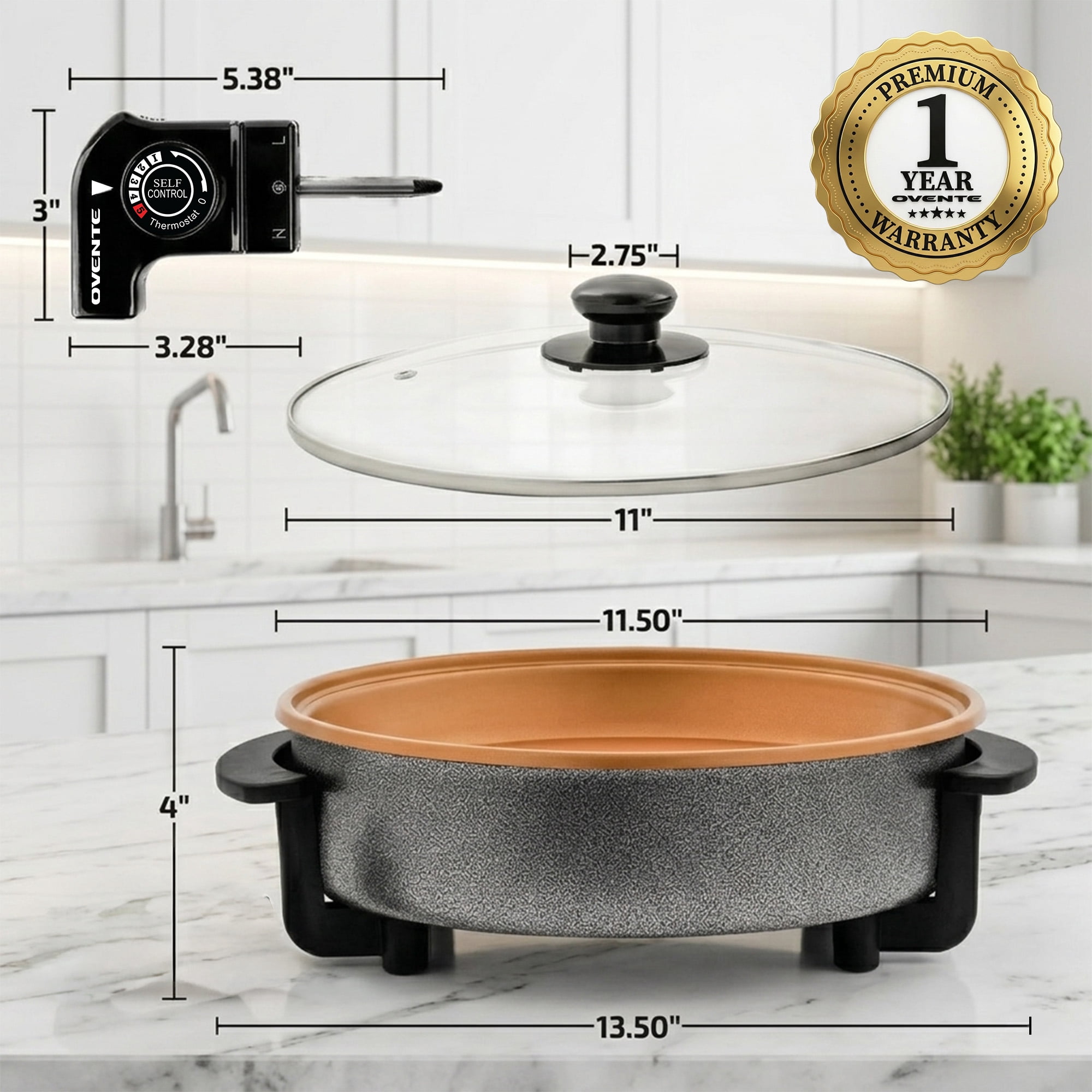 OVENTE 11.5-Inch Electric Skillet, 1400W Nonstick Pan, Copper SK11112CO | Adjustable Temperature Control, Tempered Glass Lid with Steam Vent, Cool-Touch Handles, Easy to Clean Design