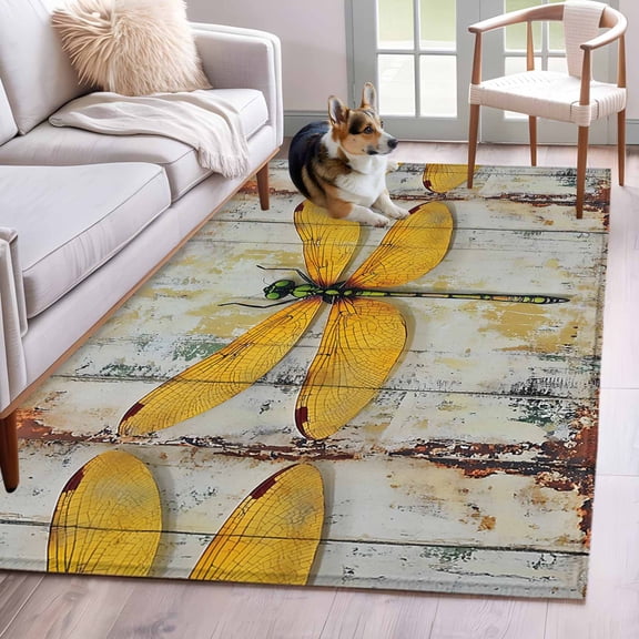 Yellow Dragonfly Area Rug 4x6 Washable Rug Non Slip Vintage Farmhouse Animals Wooden Grain Large Area Rug Indoor Floor Carpet for Entryway Bedroom Kitchen Living Room Home Office Dining Room Nursery