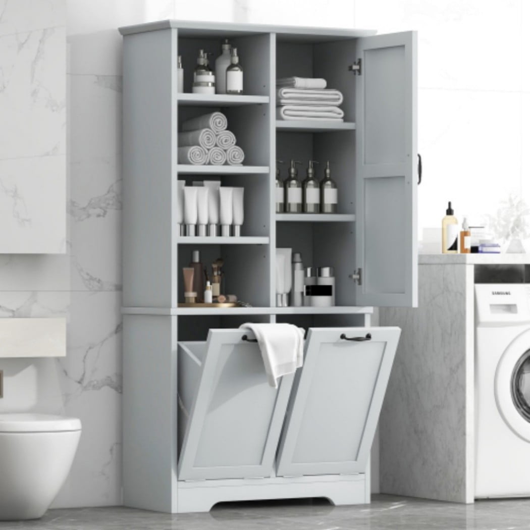 Bathroom Storage Cabinet with Doors and Drawers, Tall Laundry Hamper Cabinet with 2 Tilt-Out Baskets, Adjustable Shelves, Open Storage, Gray