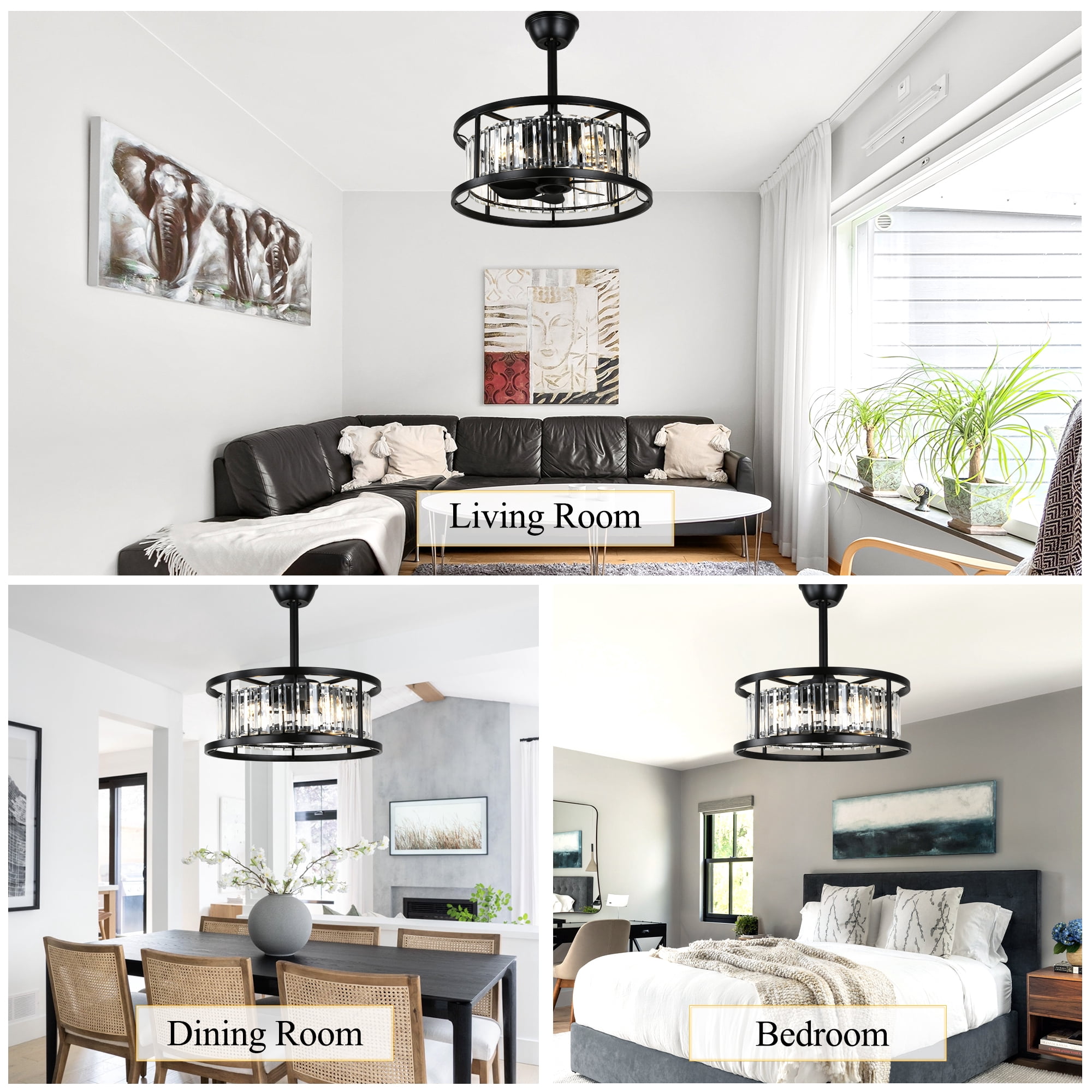 Chords Attic 20" Matte Black Crystal Ceiling Fan with Light and Remote Control, 6-Speed DC Motor for Living Room, Bedroom, Dining Room