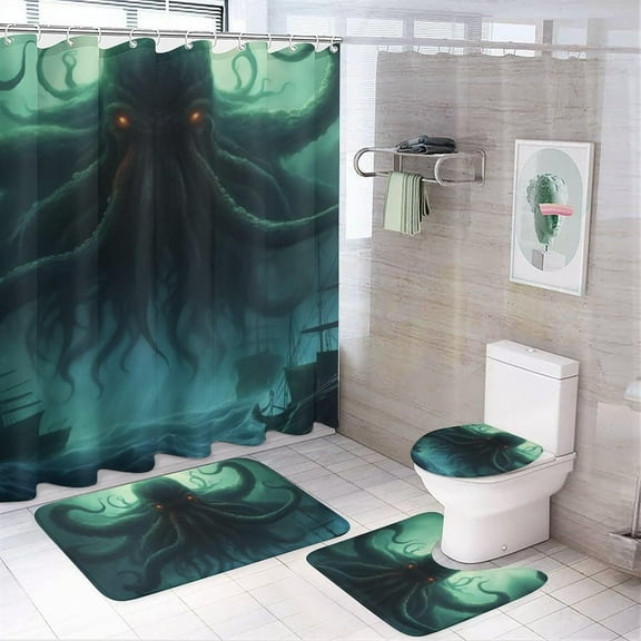 Dead Cthulhu Waits Dreaming 4 Pcs Bathroom Shower Curtain Set,Bathroom Sets with Rugs (Bath Mat,U Shape and Toilet Lid Cover Mat), Bathroom Decor Set